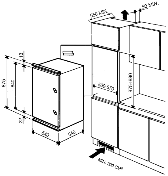 Maattekening SMEG koelkast inbouw FL167AP