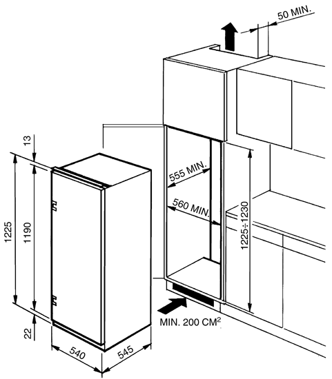 Maattekening SMEG koelkast inbouw FL224P