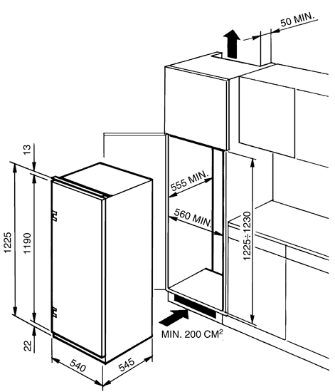 Maattekening SMEG koelkast inbouw FL227P