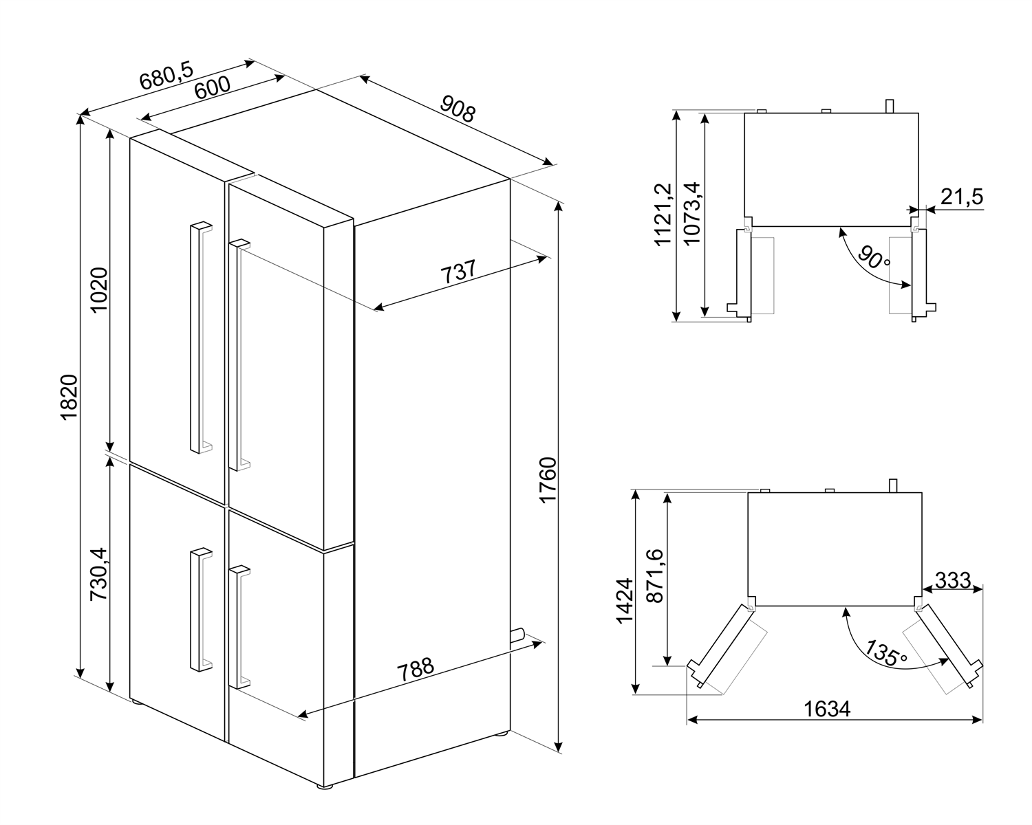 Maattekening SMEG side-by-side koelkast FQ60X2PEAI