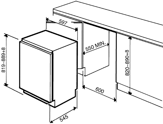 Maattekening SMEG koelkast onderbouw FR132AP