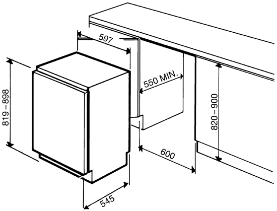 Maattekening SMEG koelkast onderbouw FR148AP
