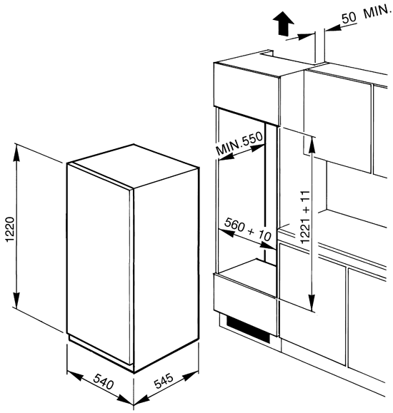 Maattekening SMEG koelkast inbouw FR2052P1