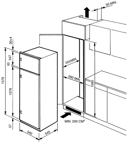 Maattekening SMEG koelkast inbouw FR270AP