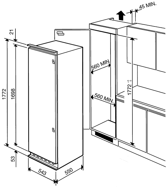 Maattekening SMEG koelkast inbouw FR320P