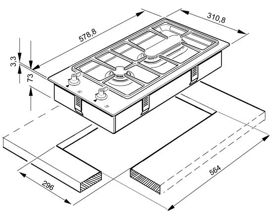 Maattekening SMEG kookplaat domino PDXS30PNL