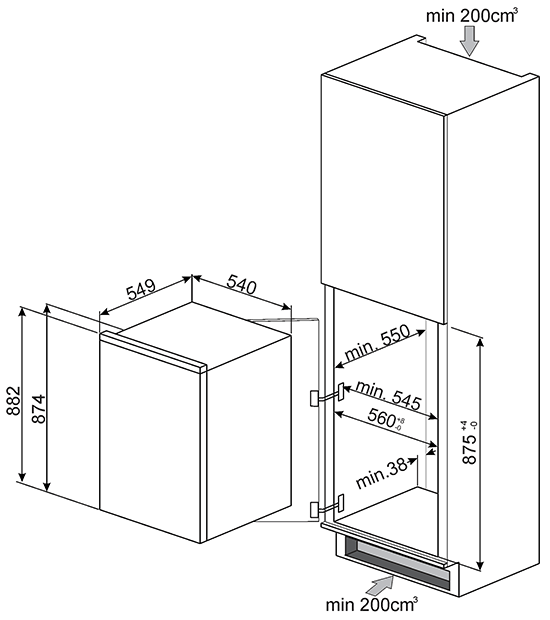 Maattekening SMEG koelkast inbouw S3C090P