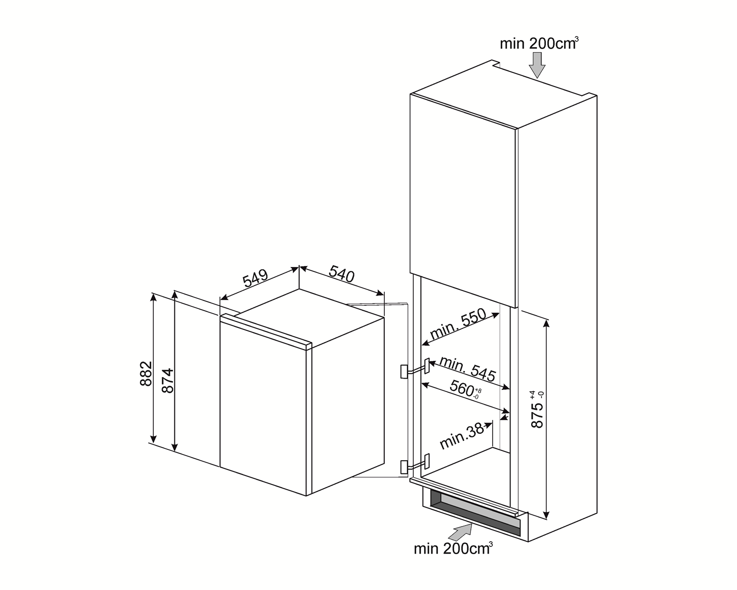 Maattekening SMEG koelkast inbouw S3C090P1