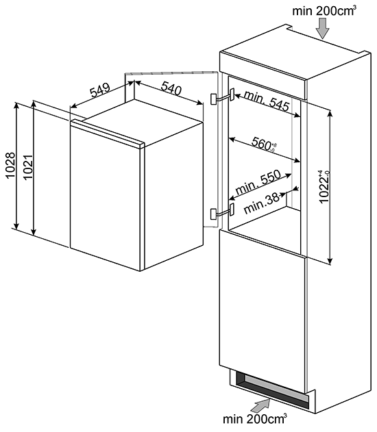 Maattekening SMEG koelkast inbouw S3C100P