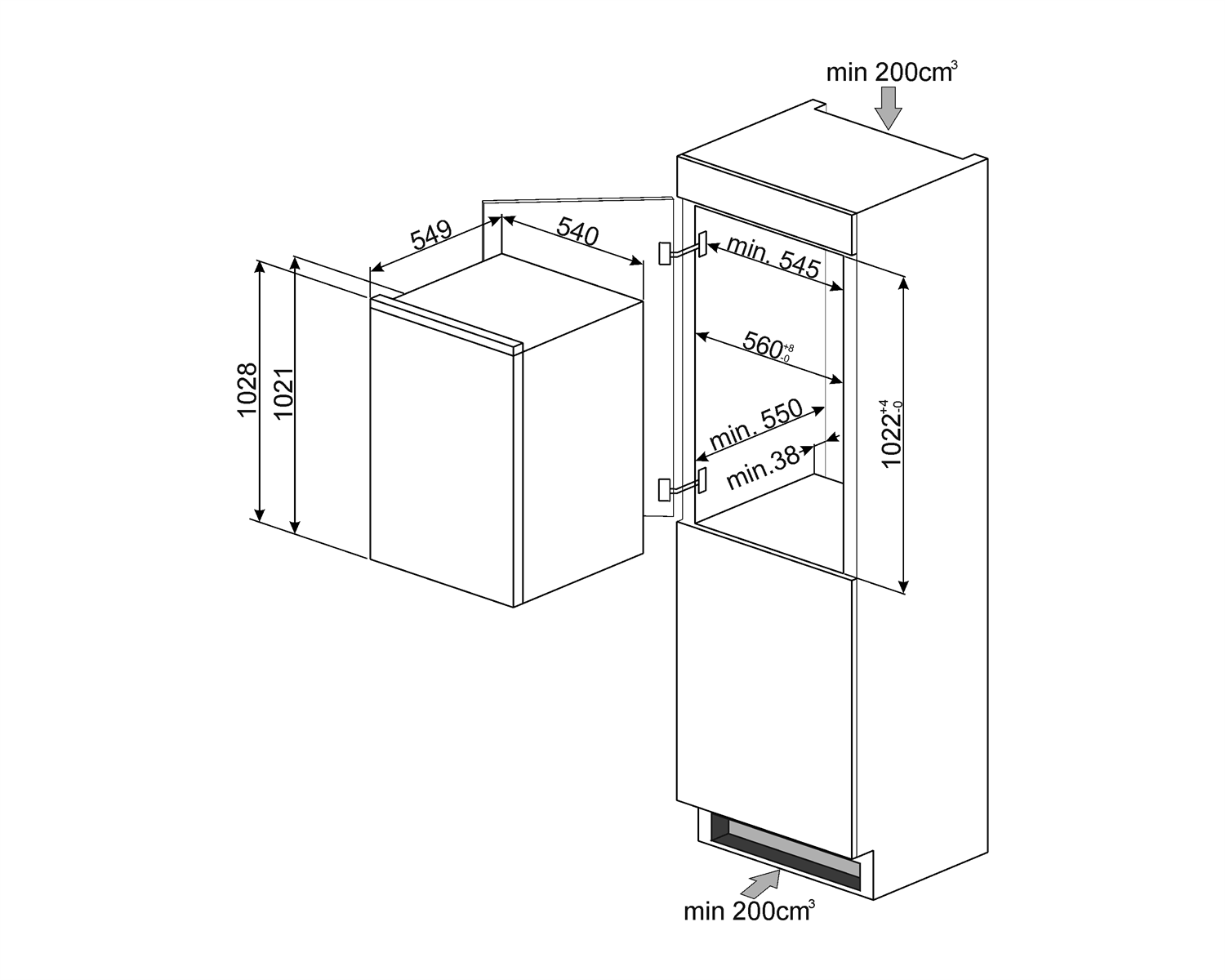 Maattekening SMEG koelkast inbouw S3C100P1