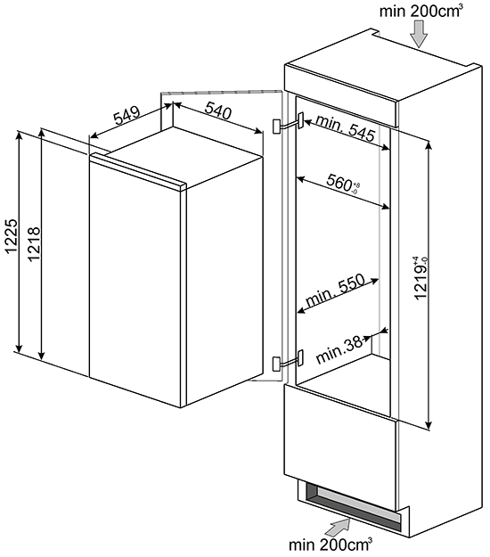Maattekening SMEG koelkast inbouw S3C120P1