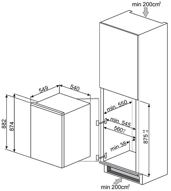 Maattekening SMEG koelkast inbouw S3L090P