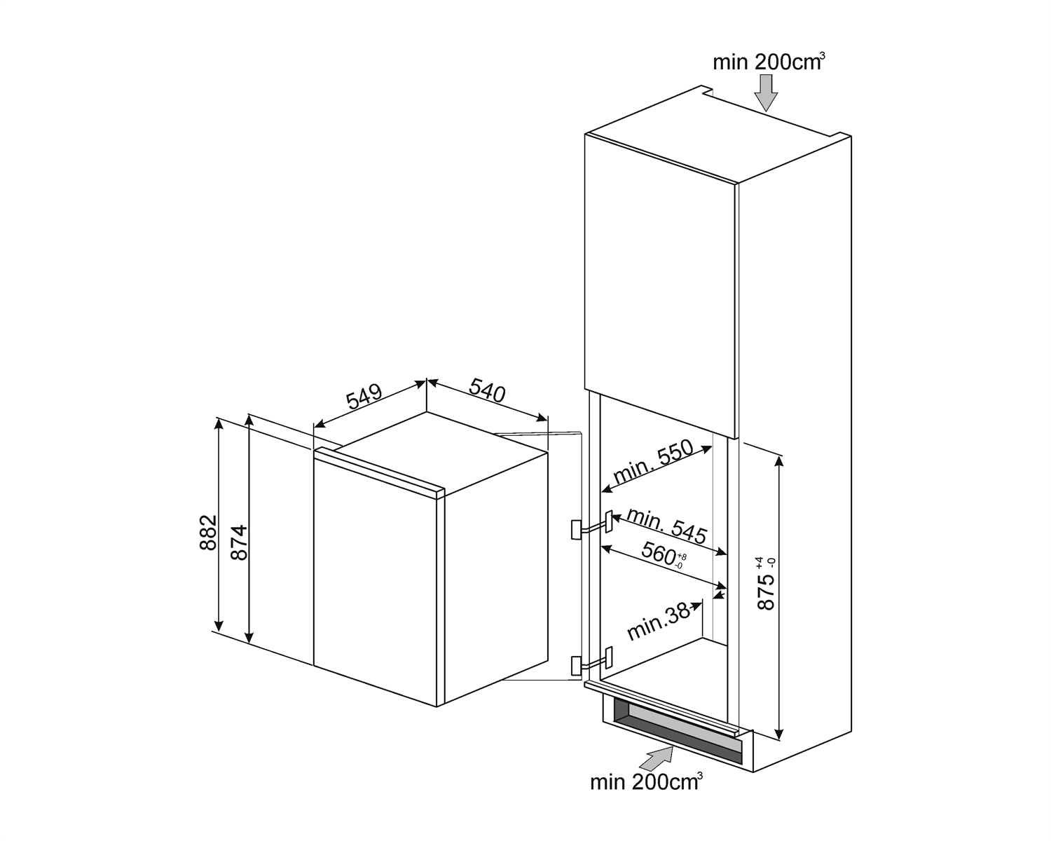 Maattekening SMEG koelkast inbouw S3L090P1