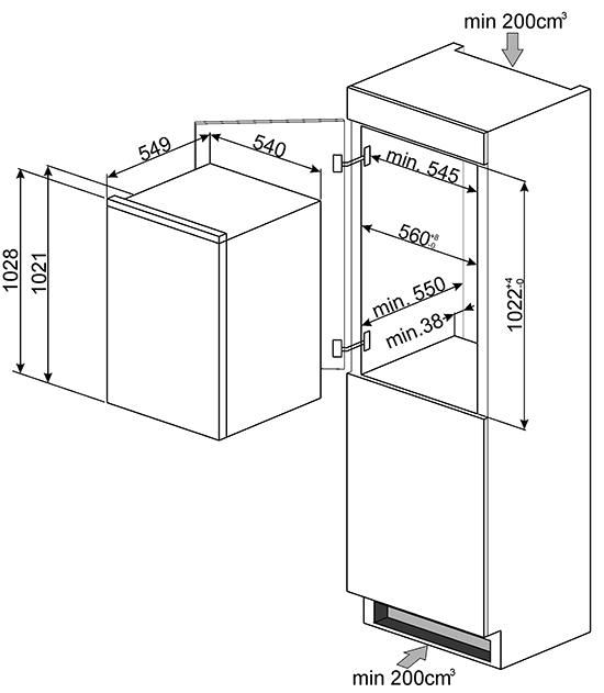 Maattekening SMEG koelkast inbouw S3L100P