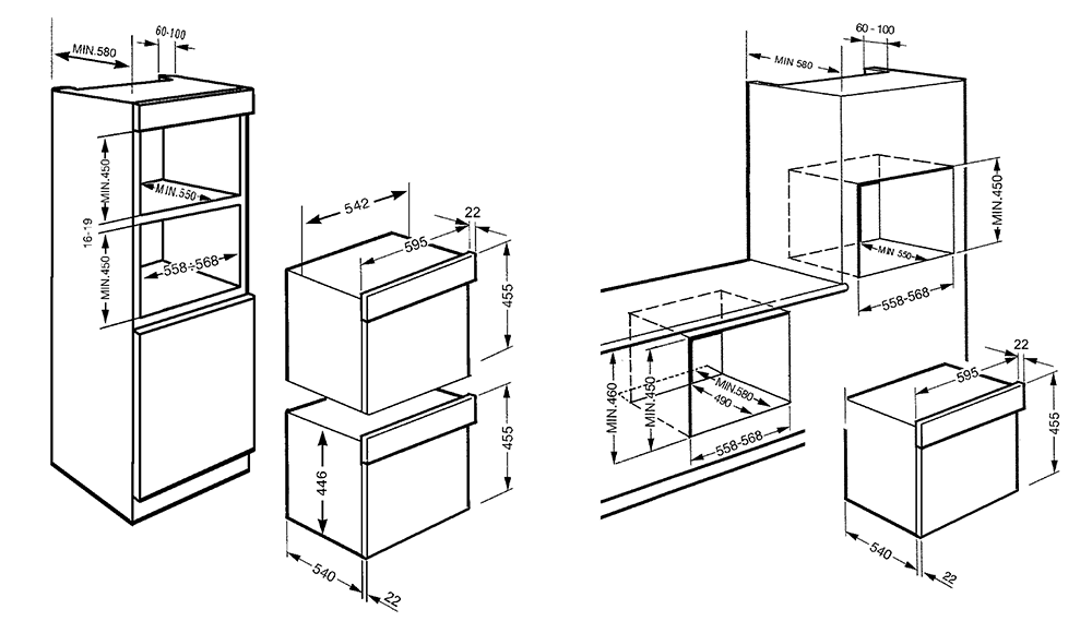 Maattekening SMEG oven inbouw S45MFX2
