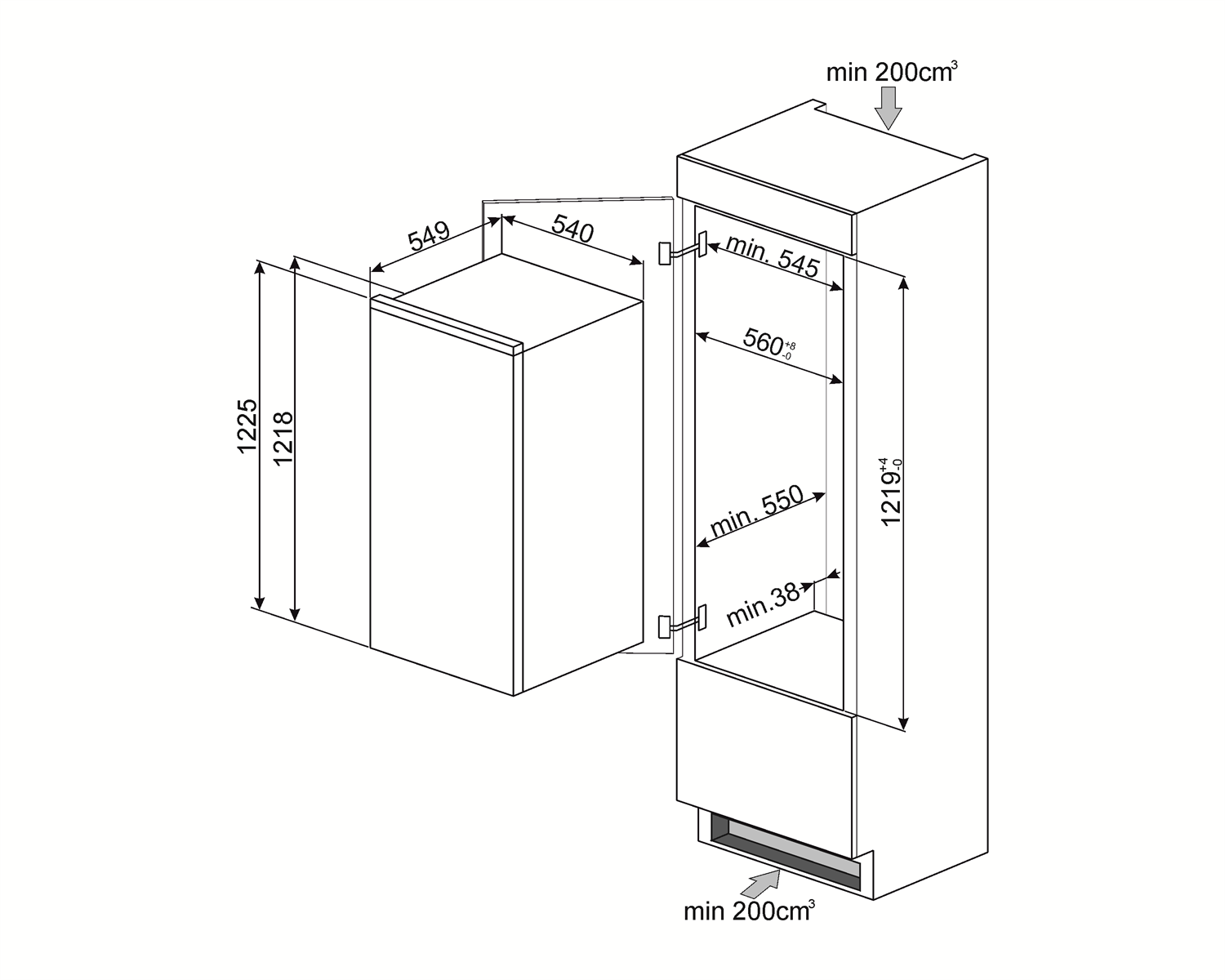 Maattekening SMEG koelkast inbouw S7192CS2P1