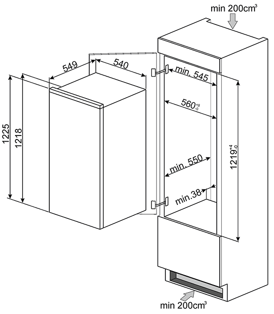 Maattekening SMEG koelkast inbouw S7212LS2P