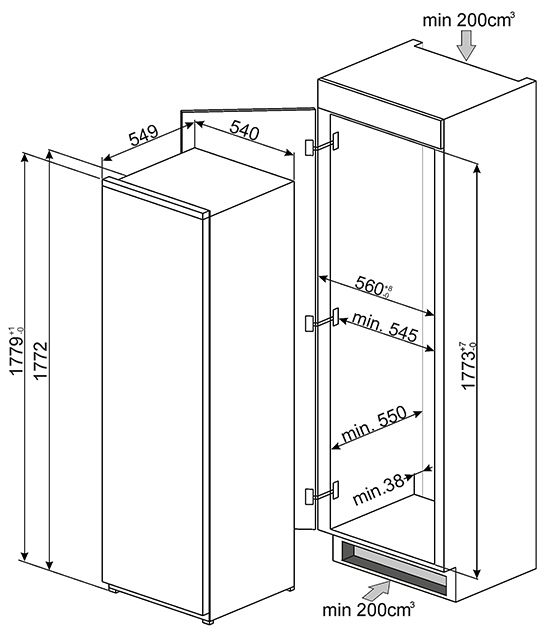 Maattekening SMEG koelkast inbouw S7323LFEP