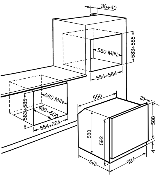 Maattekening SMEG oven inbouw rvs SC112-8