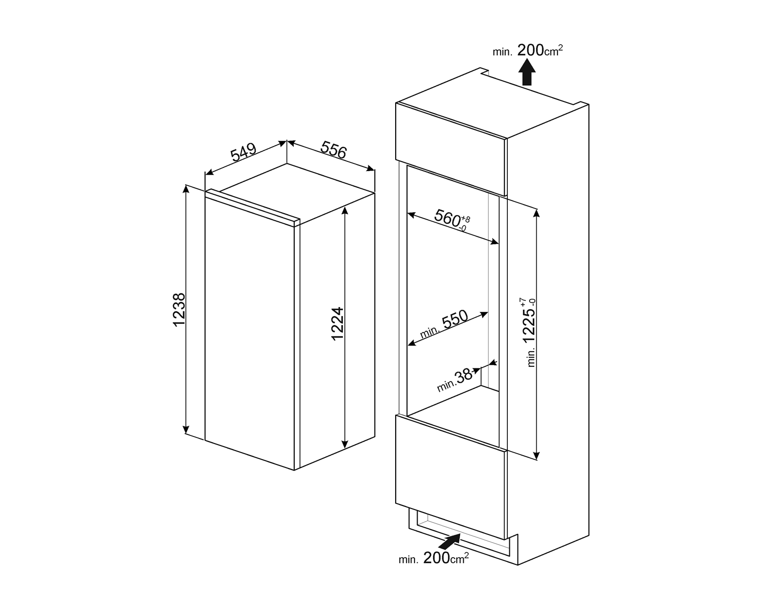 Maattekening SMEG koelkast inbouw SD7205SLD2P1