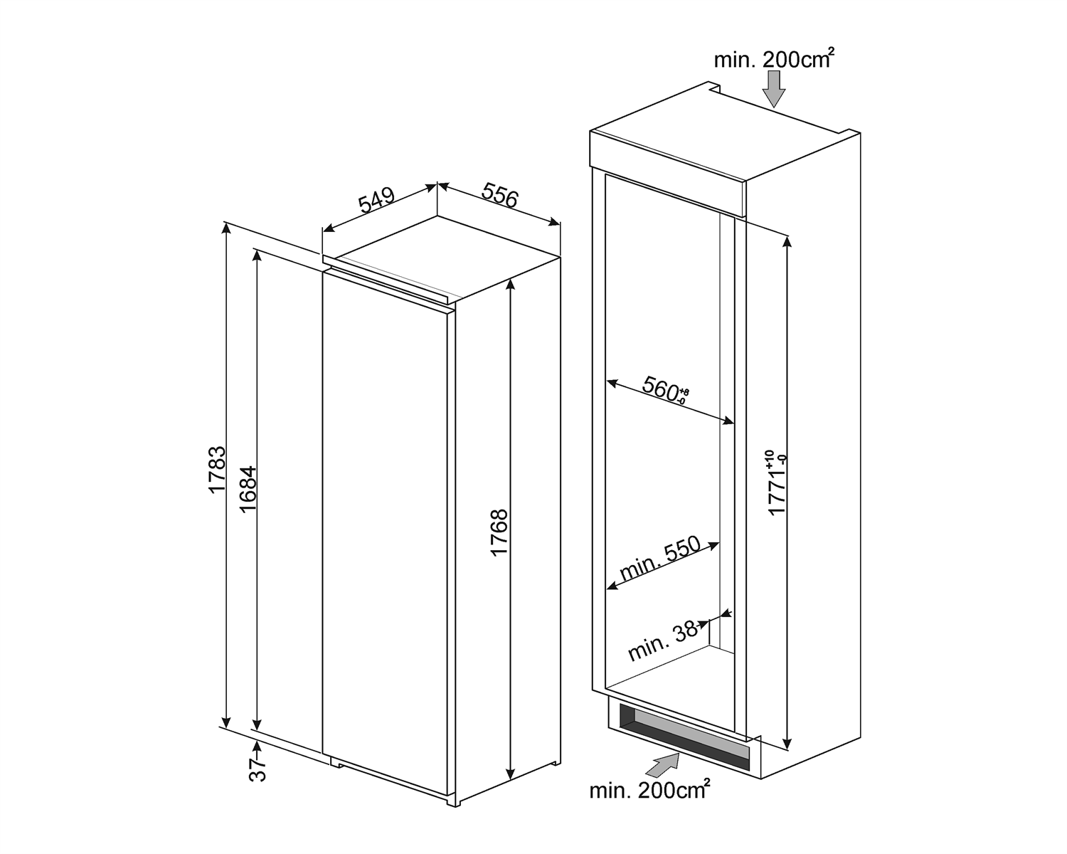 Maattekening SMEG koelkast inbouw SD7323LFLD2P1