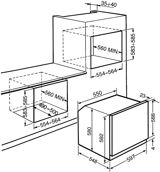 Maattekening SMEG oven inbouw SFP125E