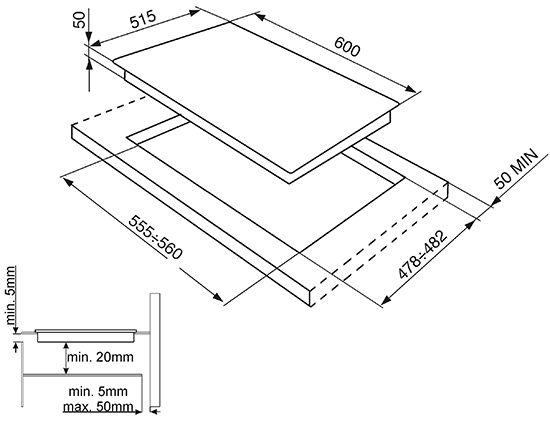 Maattekening SMEG kookplaat inductie SI5643B