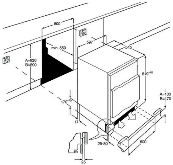 Maattekening SMEG koelkast onderbouw UD7122CSP