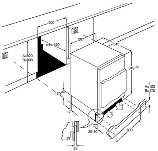 Maattekening SMEG koelkast onderbouw UD7140LSP
