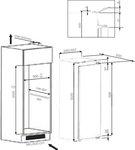 Maattekening WHIRLPOOL koelkast inbouw ARG851/A+