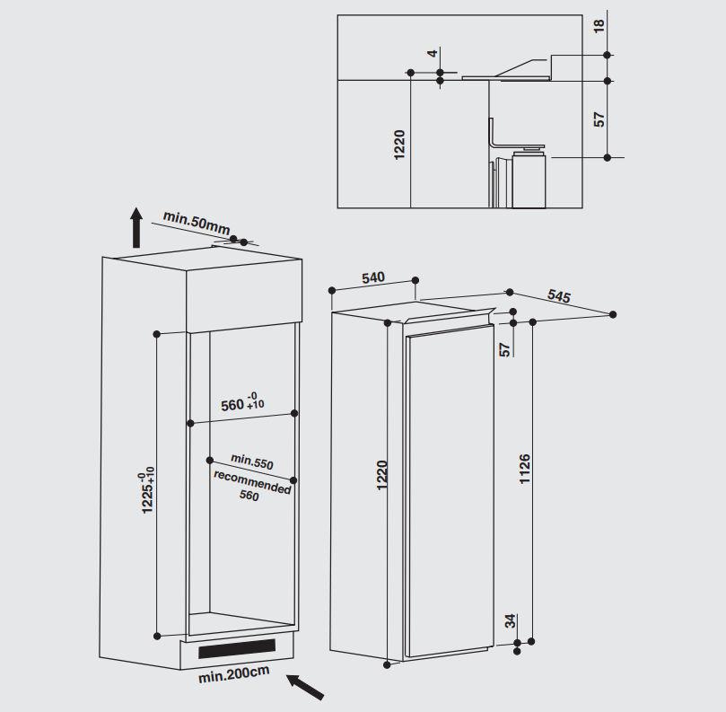 Maattekening WHIRLPOOL koelkast inbouw ARG 8631/A++