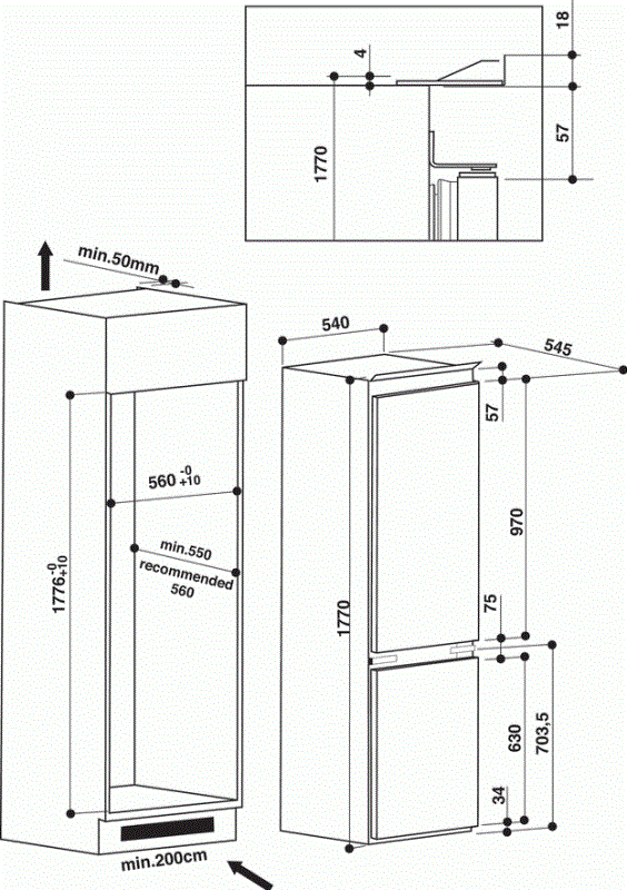 Maattekening WHIRLPOOL koelkast inbouw ART6602/A+