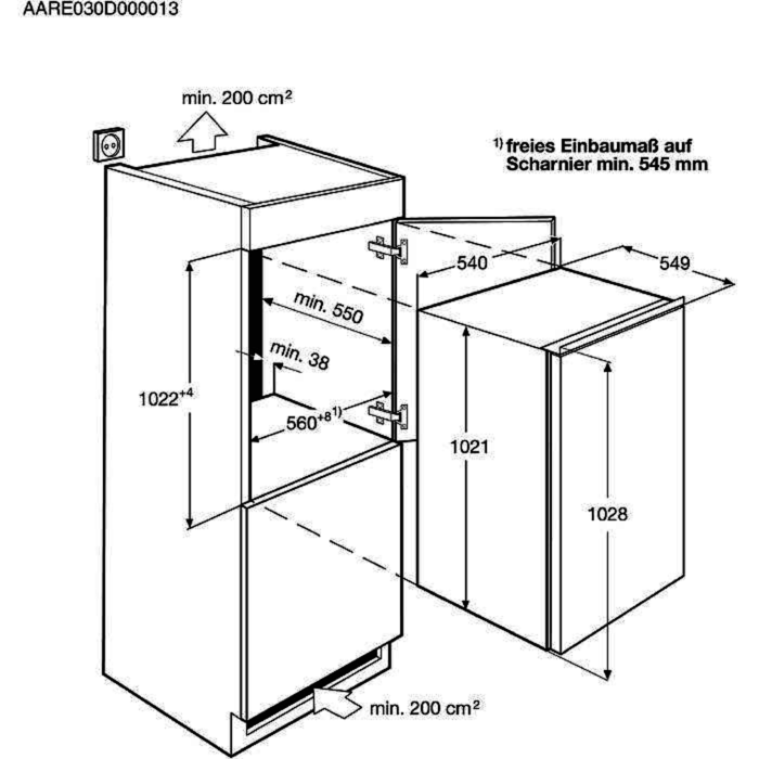 Maattekening ZANUSSI koelkast inbouw ZBA19020SA