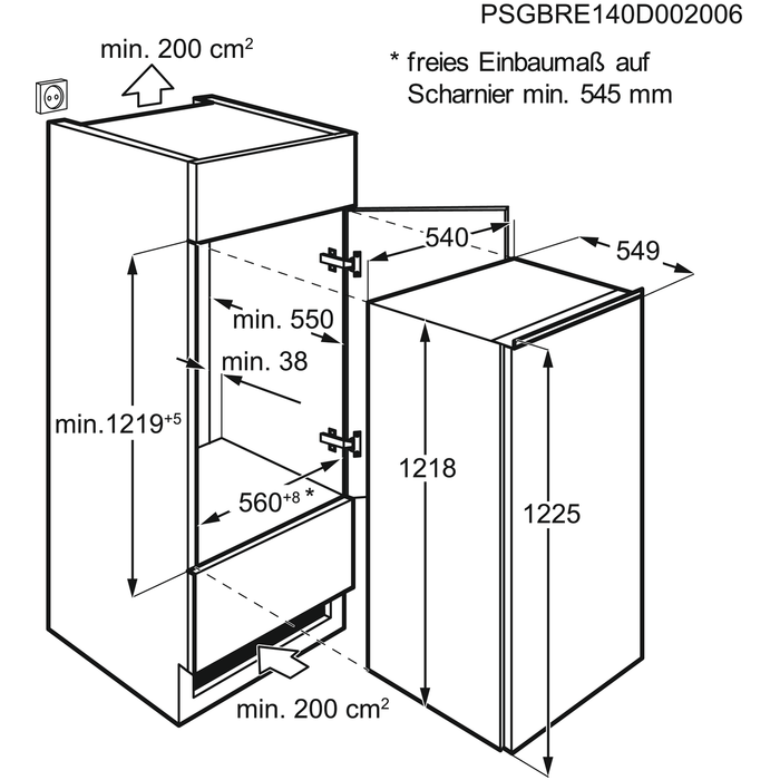 Maattekening ZANUSSI koelkast inbouw ZBA22422SA