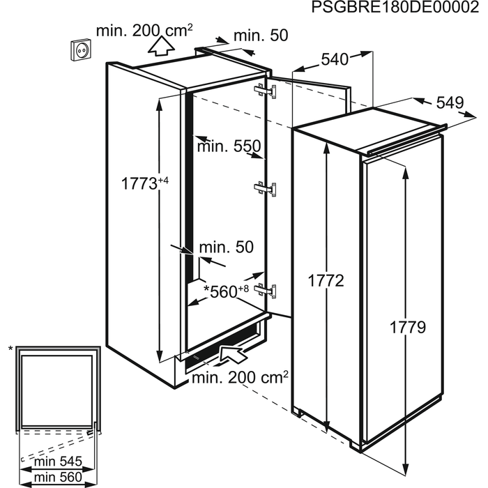 Maattekening ZANUSSI koelkast inbouw ZBA30455SA