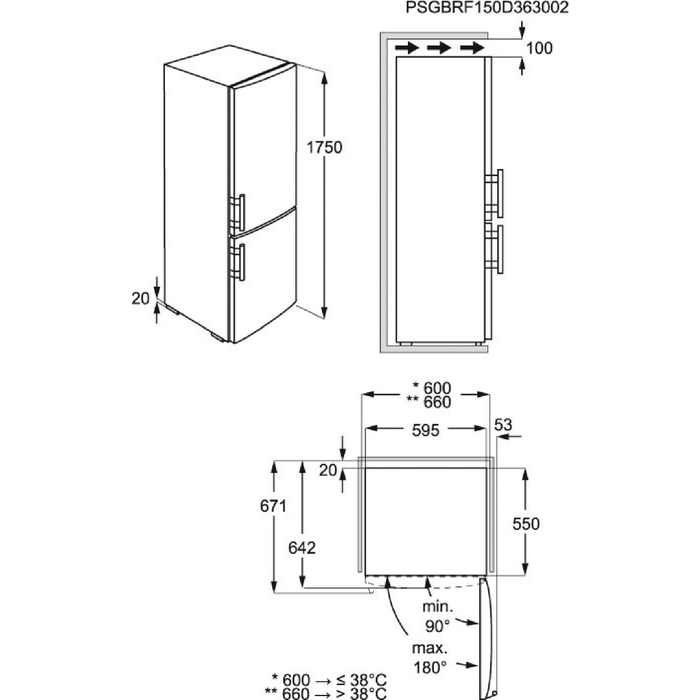 Maattekening ZANUSSI koelkast ZRB33103WA