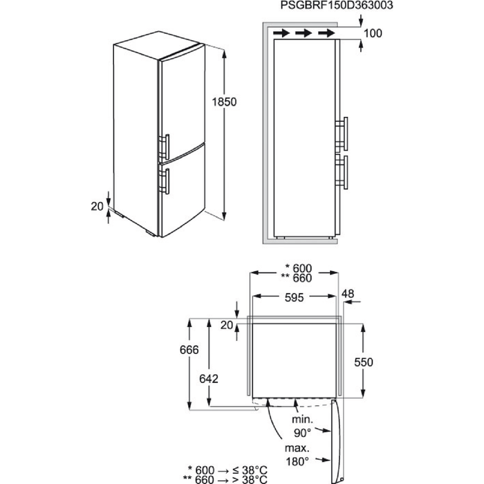 Maattekening ZANUSSI koelkast ZRB34103WA